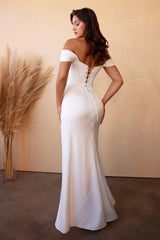 Cinderella Divine 7484W Off Shoulder Long Fitted Wedding Dress