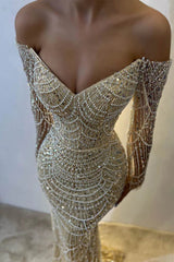 Off Shoulder Long Sleeves Mermaid Prom Dress Beadings Long Evening Dress