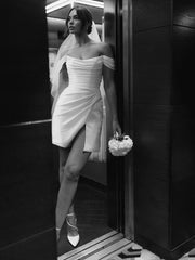 Elody | Off-the-Shoulder Short Satin Cowl Neck Simple Formal Wedding Dress With Slit