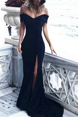 Off-Shoulder Prom Gown Black Long with Split
