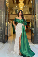 Off-Shoulder Sparkling Sequins Prom Gown with Slit