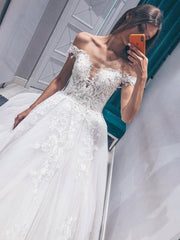 Off Shoulder White Tulle Lace Appliques Wedding Dresses Long