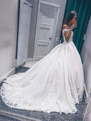 Off Shoulder White Tulle Lace Appliques Wedding Dresses Long