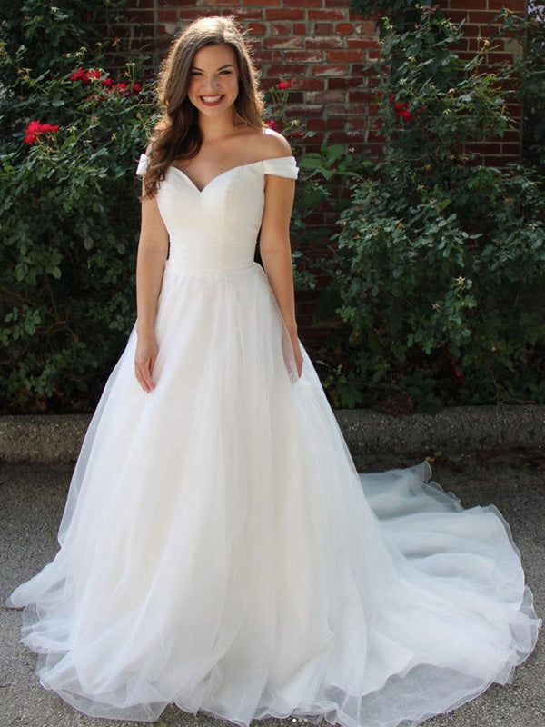 Off Shoulder White Tulle Long Prom Dresses Aline White Formal Graduation Evening Dresses