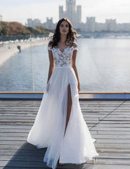 Off The Shoulder Appliques A Line Wedding Dress Side Split Tulle Bridal Dress Elegant