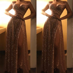 Off-the-Shoulder Charming Gold Sequins Evening Dresses Chic Side Slit Prom Dresses