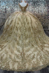 Off-the-Shoulder Court Train Quinceanera Dresses Champagne Tulle Ball Gown with Appliques