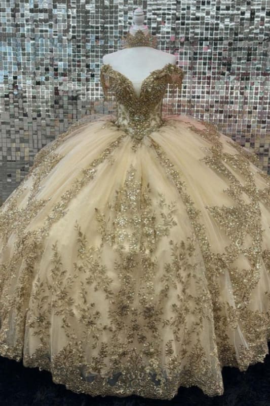 Off-the-Shoulder Court Train Quinceanera Dresses Champagne Tulle Ball Gown with Appliques