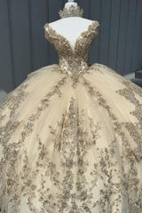 Off-the-Shoulder Court Train Quinceanera Dresses Champagne Tulle Ball Gown with Appliques
