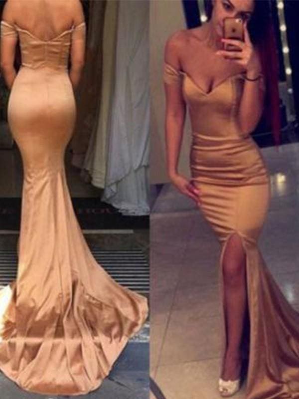 Off-The-Shoulder Court Train Satin Mermaid Prom Dresses