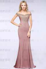 Off-the-Shoulder Formal Gown Gold Lace Applique Floor Length Mermaid Evening Dress