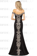Off-the-Shoulder Formal Gown Gold Lace Applique Floor Length Mermaid Evening Dress