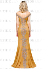 Off-the-Shoulder Formal Gown Gold Lace Applique Floor Length Mermaid Evening Dress