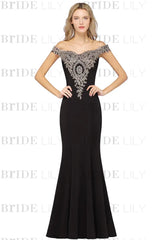 Off-the-Shoulder Formal Gown Gold Lace Applique Floor Length Mermaid Evening Dress