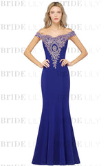 Off-the-Shoulder Formal Gown Gold Lace Applique Floor Length Mermaid Evening Dress