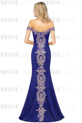 Off-the-Shoulder Formal Gown Gold Lace Applique Floor Length Mermaid Evening Dress