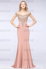 Off-the-Shoulder Formal Gown Gold Lace Applique Floor Length Mermaid Evening Dress