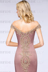 Off-the-Shoulder Formal Gown Gold Lace Applique Floor Length Mermaid Evening Dress