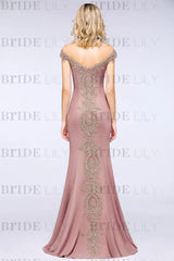 Off-the-Shoulder Formal Gown Gold Lace Applique Floor Length Mermaid Evening Dress