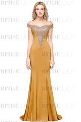 Off-the-Shoulder Formal Gown Gold Lace Applique Floor Length Mermaid Evening Dress