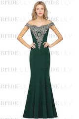 Off-the-Shoulder Formal Gown Gold Lace Applique Floor Length Mermaid Evening Dress