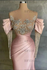 Off-The-Shoulder Front Split Mermaid Long Sleeves Prom Dress Pink With Beadings and Appliques