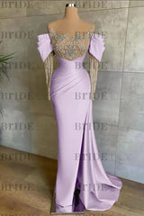 Off-The-Shoulder Front Split Mermaid Long Sleeves Prom Dress Pink With Beadings and Appliques