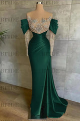 Off-The-Shoulder Front Split Mermaid Long Sleeves Prom Dress Pink With Beadings and Appliques