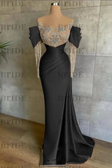 Off-The-Shoulder Front Split Mermaid Long Sleeves Prom Dress Pink With Beadings and Appliques