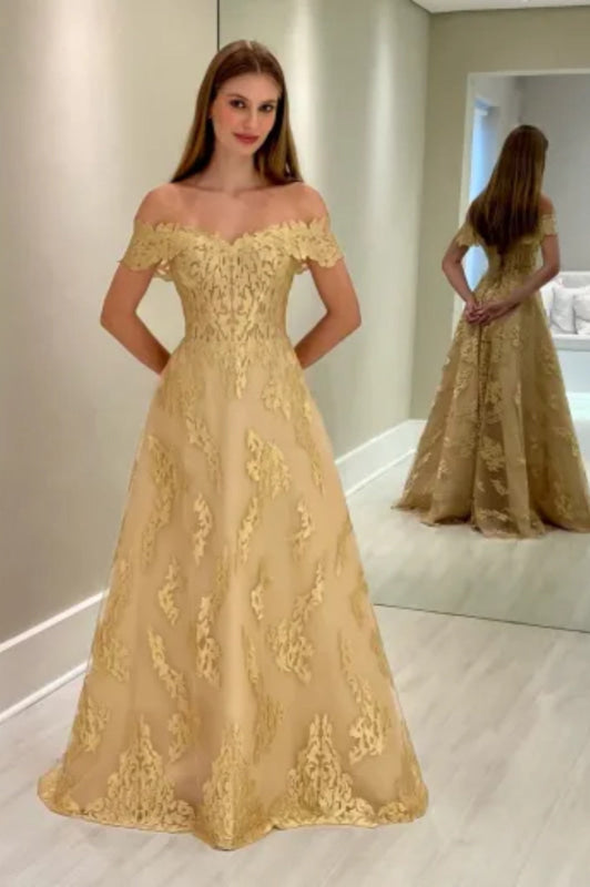 Off-the-Shoulder Gold Aline Wedding Guest Dress Tulle Evening Dress