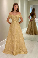 Off-the-Shoulder Gold Aline Wedding Guest Dress Tulle Evening Dress