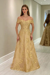 Off-the-Shoulder Gold Aline Wedding Guest Dress Tulle Evening Dress