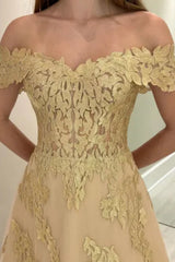Off-the-Shoulder Gold Aline Wedding Guest Dress Tulle Evening Dress
