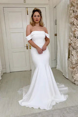Off the Shoulder Satin Mermaid Wedding Dress Simple Solid Color Sexy
