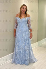 Off-the-Shoulder Lace Mother of the Bride Dress 3/4 Sleeves Flowers Evening Dress