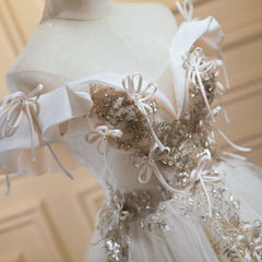 Hors de l'épaule Light Champagne Robes de bal floral, courtes robes de retour au champagne