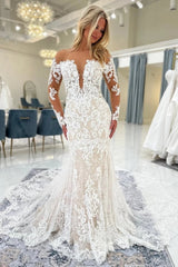 Off-the-Shoulder Long Sleeves ivory Lace Wedding Dress Mermaid with Train