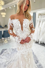 Off-the-Shoulder Long Sleeves ivory Lace Wedding Dress Mermaid with Train