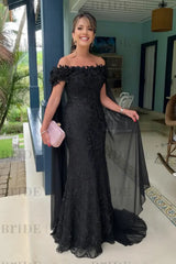 Off-The-Shoulder Mermaid Chiffon Wedding Guest Dresses Long with Appliques