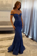 Off-the-Shoulder Mermaid Evening Dress Lace Prom Dress Long