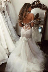 Off the Shoulder Mermaid Lace Long Tulle Wedding Dress