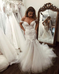 Off the Shoulder Mermaid Lace Long Tulle Wedding Dress