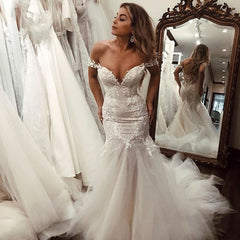 Off the Shoulder Mermaid Lace Long Tulle Wedding Dress
