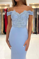 Sky Blue Off-the-Shoulder Mermaid Prom Dress with Lace Appliques