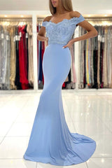 Sky Blue Off-the-Shoulder Mermaid Prom Dress with Lace Appliques