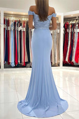 Sky Blue Off-the-Shoulder Mermaid Prom Dress with Lace Appliques