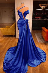 Off-the-Shoulder Satin Mermaid Prom Dress High Split with Long Beadings