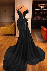 Off-the-Shoulder Satin Mermaid Prom Dress High Split with Long Beadings