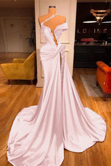 Off-the-Shoulder Satin Mermaid Prom Dress High Split with Long Beadings