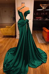 Off-the-Shoulder Satin Mermaid Prom Dress High Split with Long Beadings